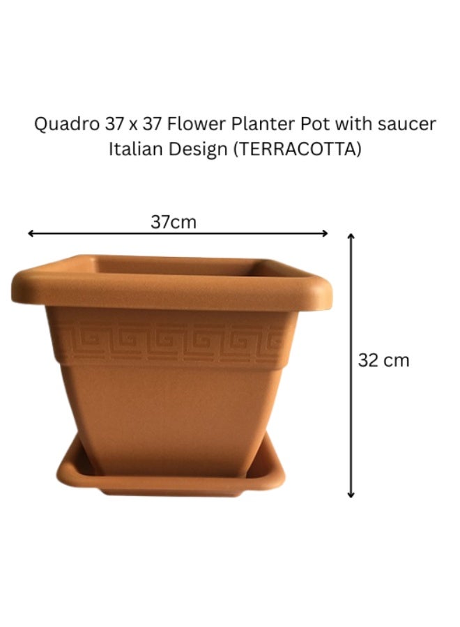أيدل حوض زهور Quadro 37 × 37 مع صحن – أصص بلاستيكية زخرفية للاستخدام الداخلي والخارجي – تصميم إيطالي حديث (تراكوتا) - Image 2